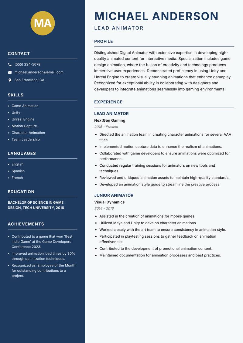 Digital Animator resume template — Classic Clean