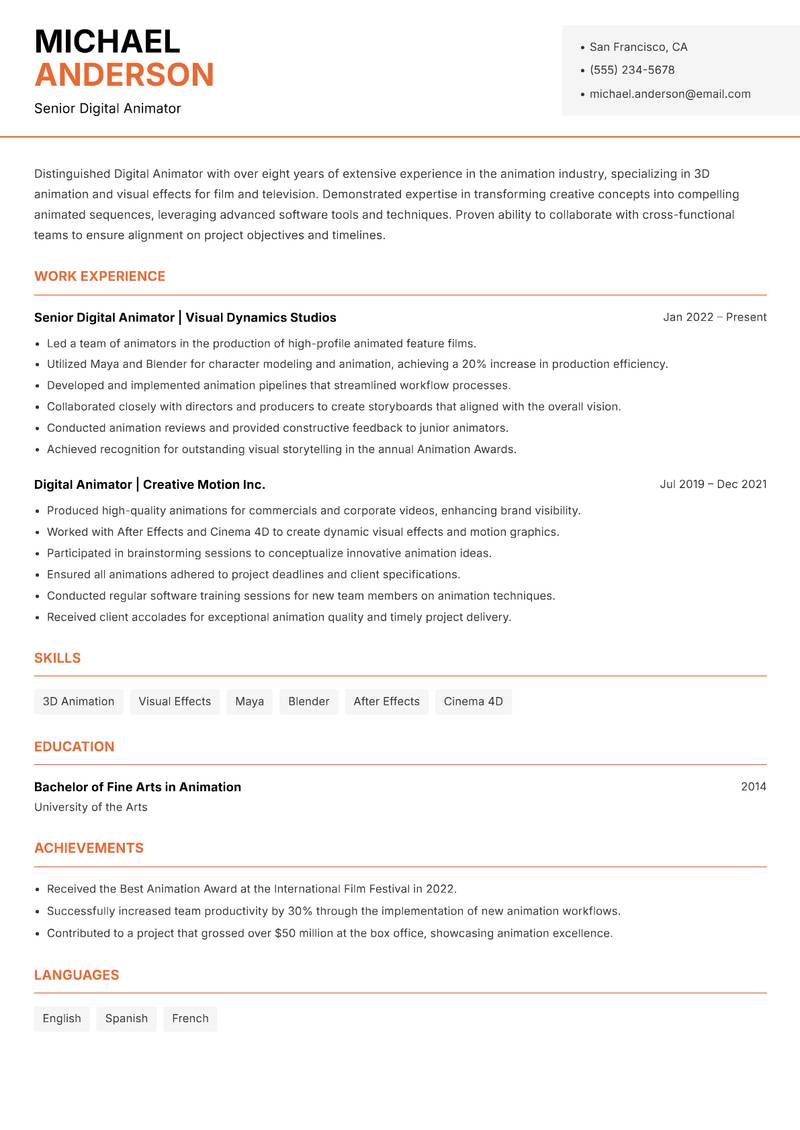Digital Animator resume template — Modern Professional