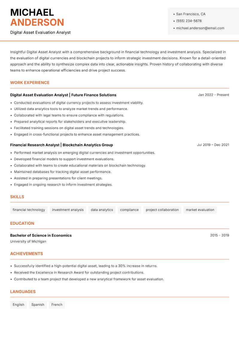 Digital Asset Analyst resume template — Modern Professional