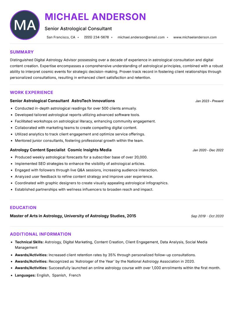 Digital Astrology Advisor resume example — ATS-friendly template