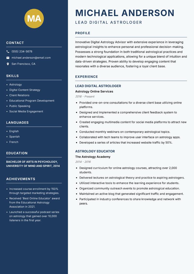 Digital Astrology Advisor resume template — Classic Clean