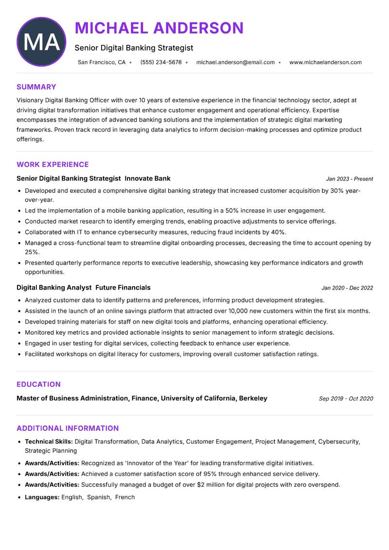 Digital Banking Officer resume example — ATS-friendly template