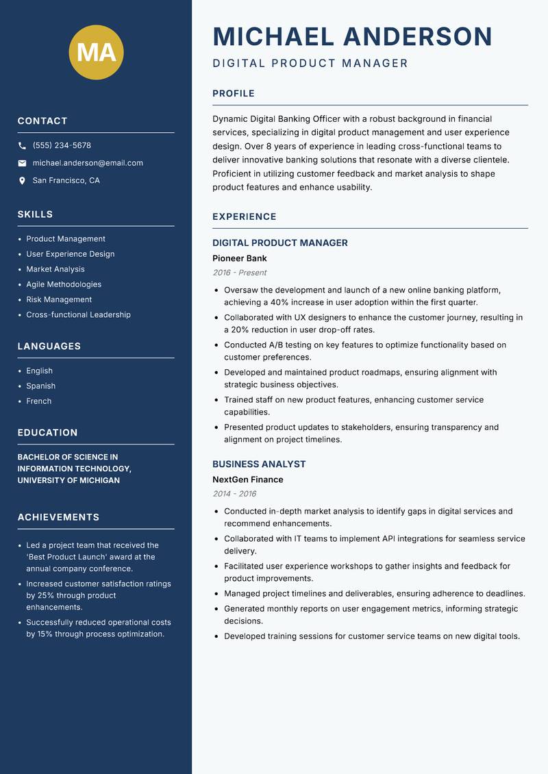 Digital Banking Officer resume template — Classic Clean