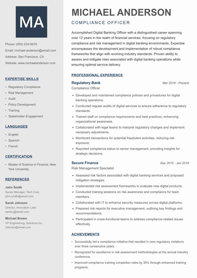 Digital Banking Officer resume template — Creative Minimal
