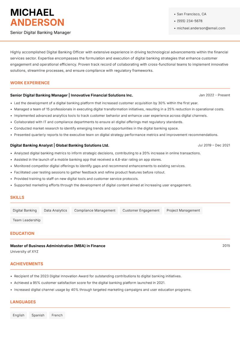 Digital Banking Officer resume template — Modern Professional