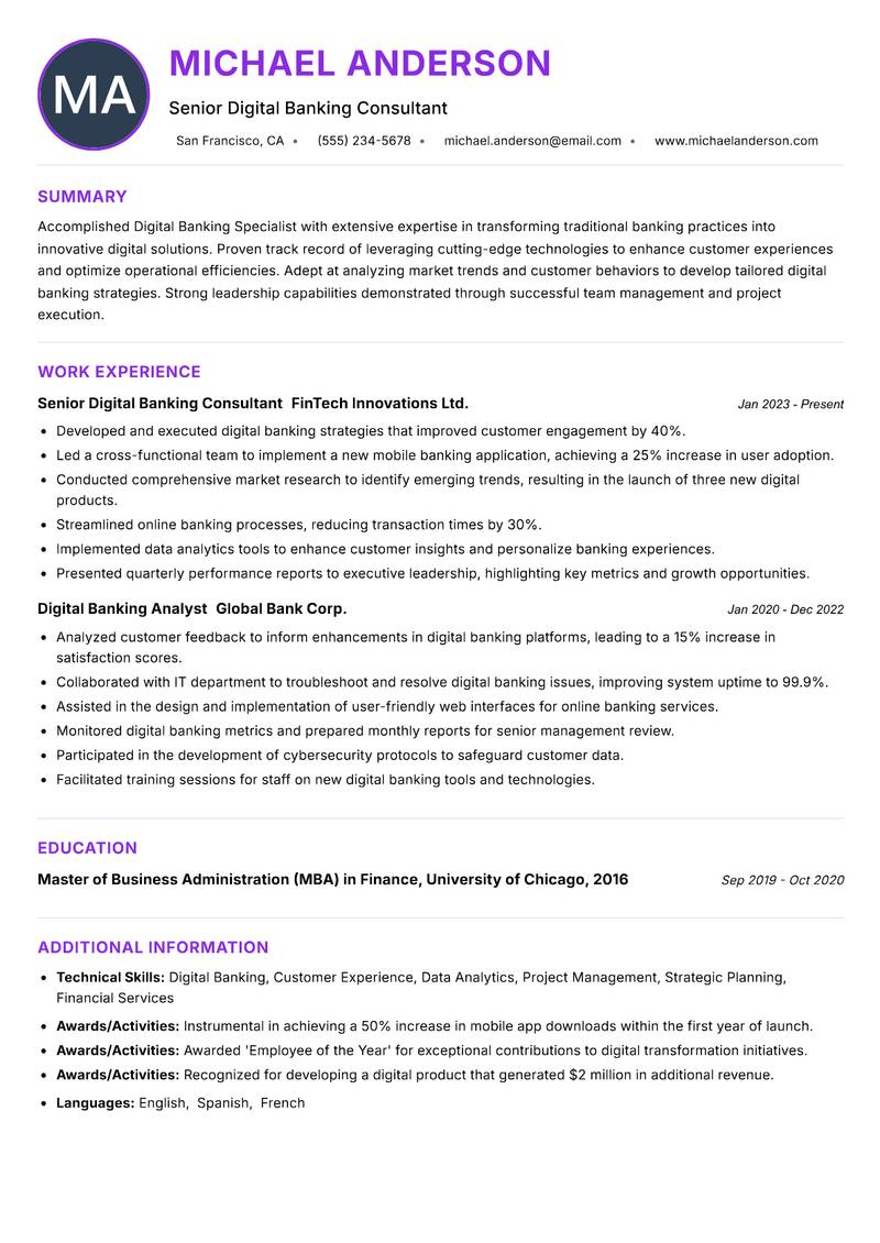 Digital Banking Specialist resume example — ATS-friendly template