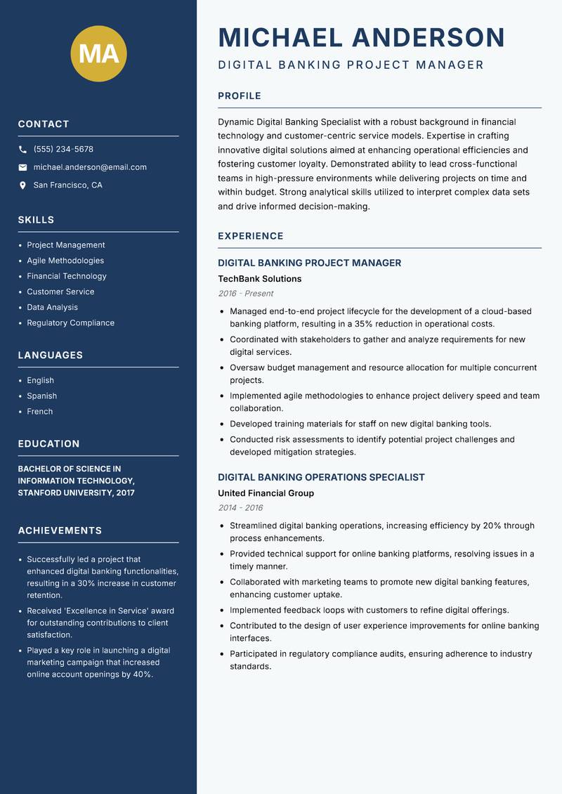 Digital Banking Specialist resume template — Classic Clean