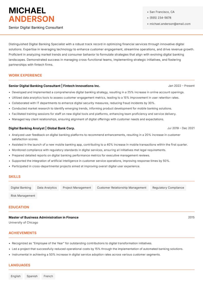 Digital Banking Specialist resume template — Modern Professional
