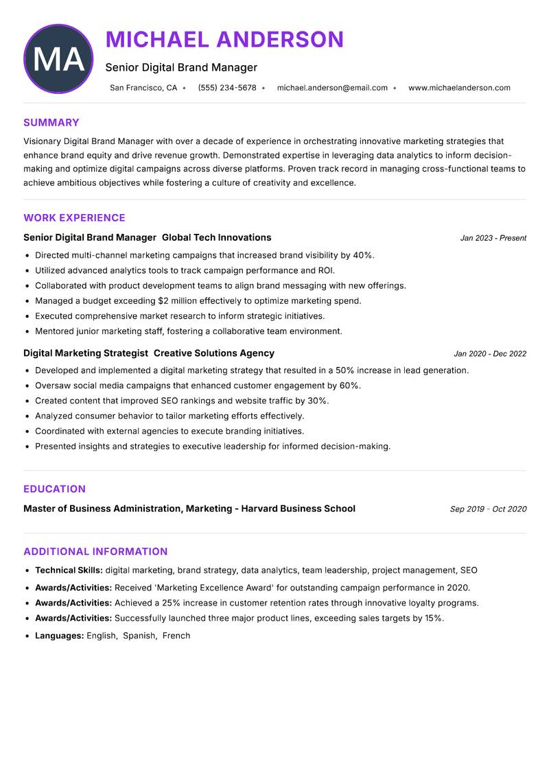 Digital Brand Manager resume example — ATS-friendly template