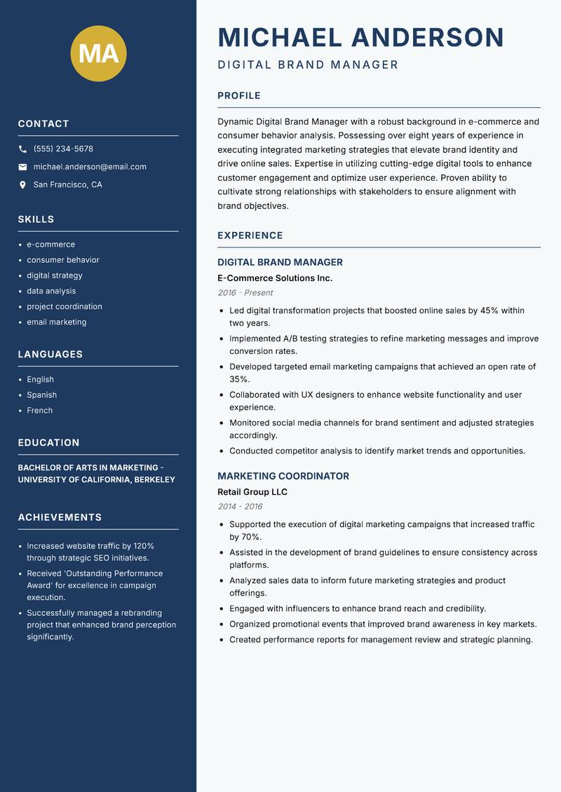 Digital Brand Manager resume template — Classic Clean