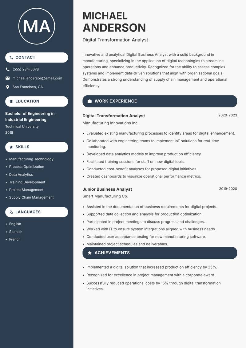 Digital Business Analyst resume template — Compact