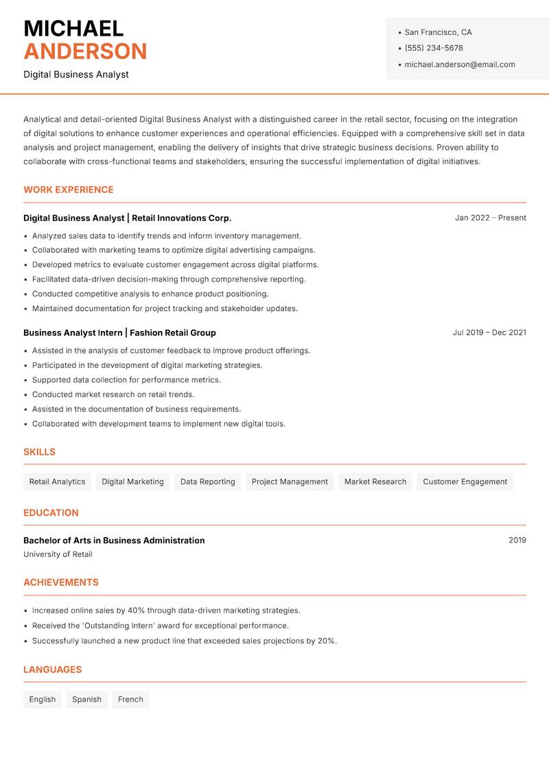 Digital Business Analyst resume template — Modern Professional