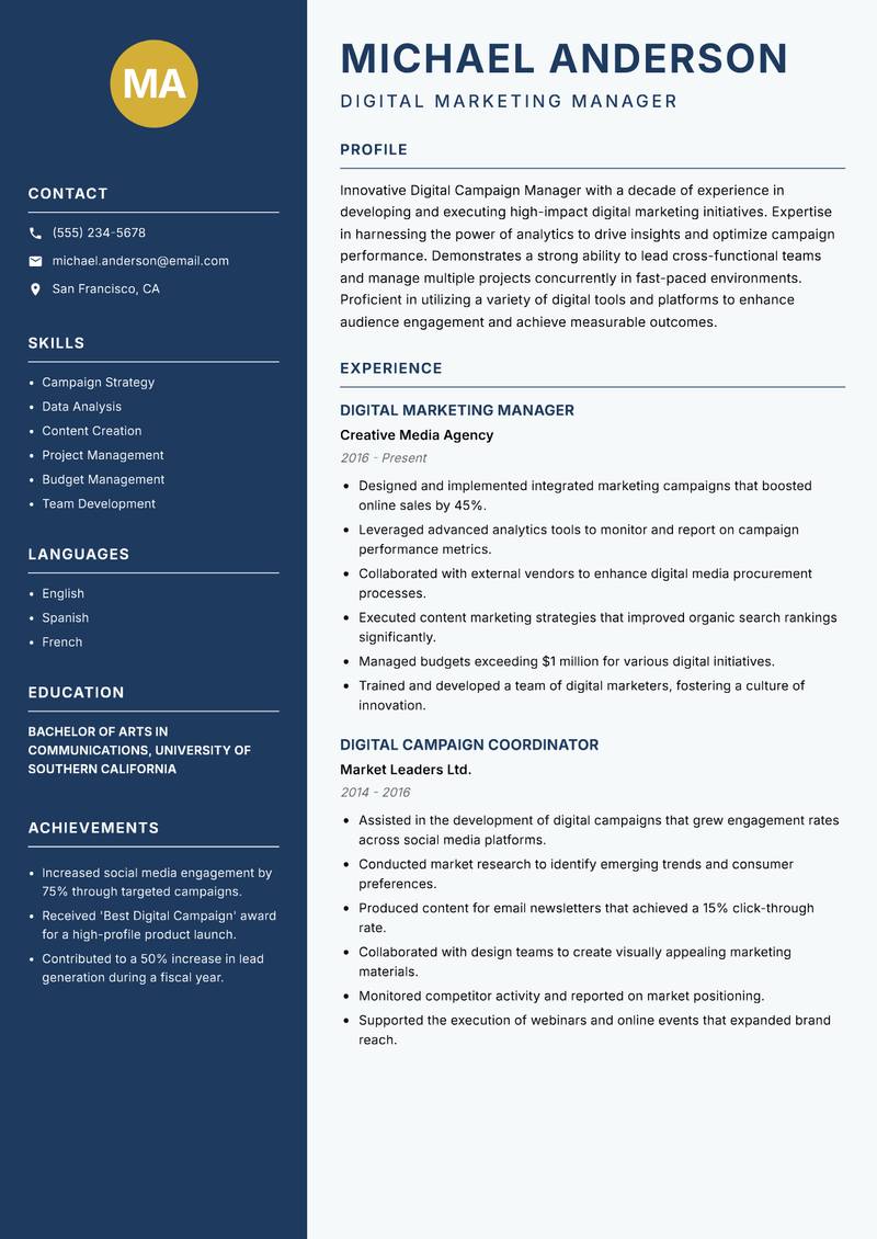 Digital Campaign Manager resume template — Classic Clean