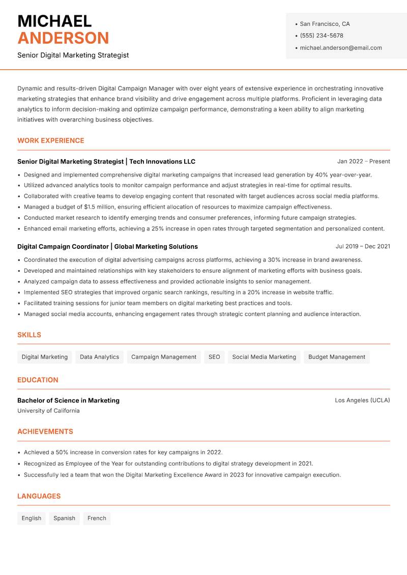Digital Campaign Manager resume template — Modern Professional