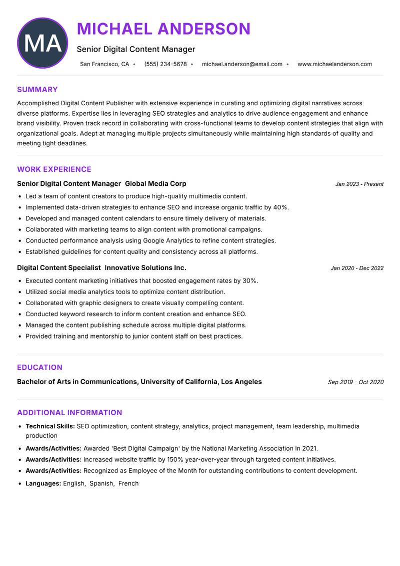 Digital Content Publisher resume example — ATS-friendly template
