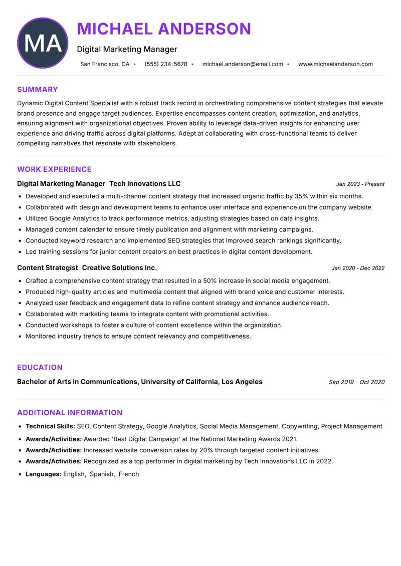 Digital Content Specialist resume example — ATS-friendly template