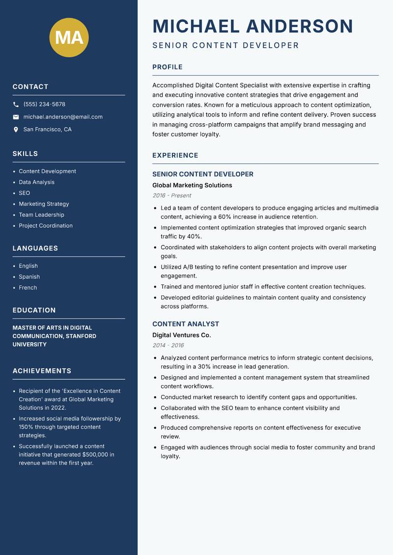 Digital Content Specialist resume template — Classic Clean