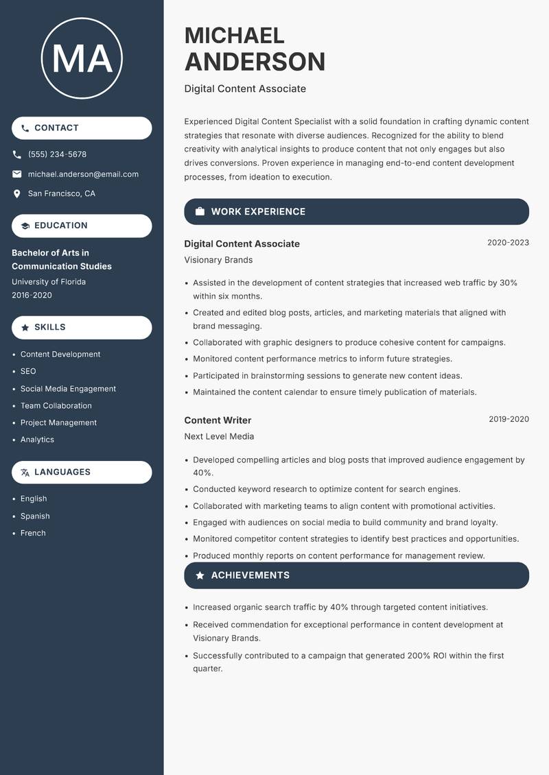 Digital Content Specialist resume template — Compact