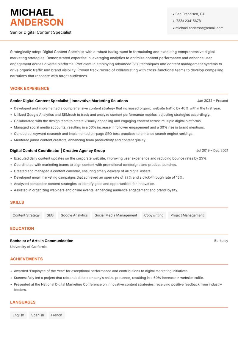 Digital Content Specialist resume template — Modern Professional
