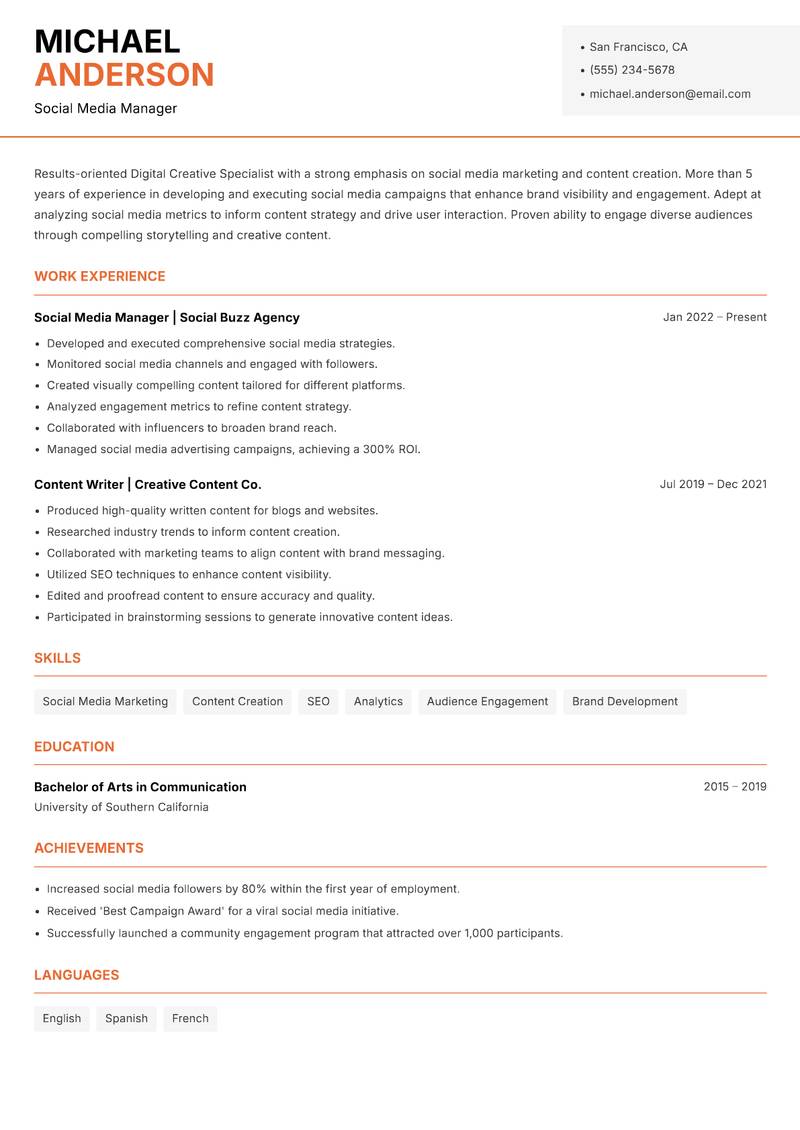 Digital Creative Specialist resume template — Modern Professional