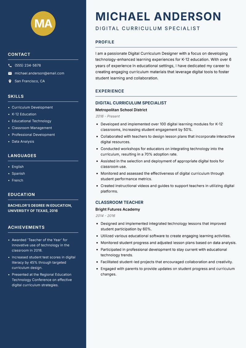 Digital Curriculum Designer resume template — Classic Clean
