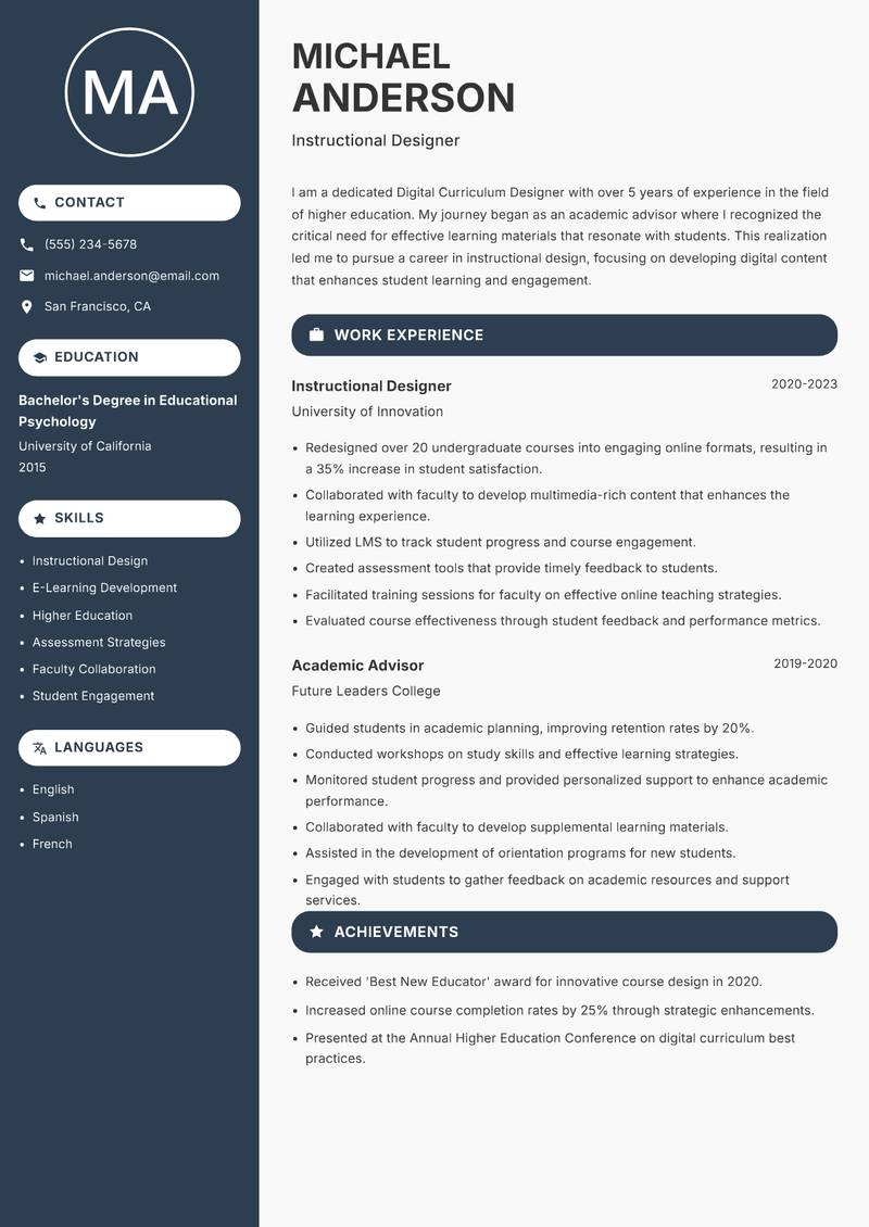Digital Curriculum Designer resume template — Compact