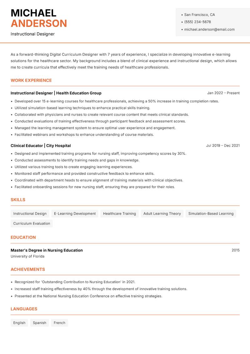 Digital Curriculum Designer resume template — Modern Professional