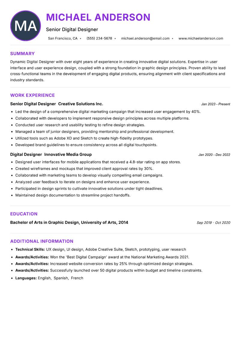 Digital Designer resume example — ATS-friendly template