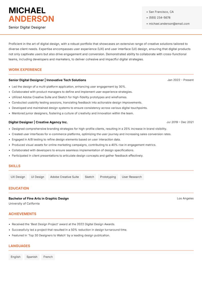 Digital Designer resume template — Modern Professional
