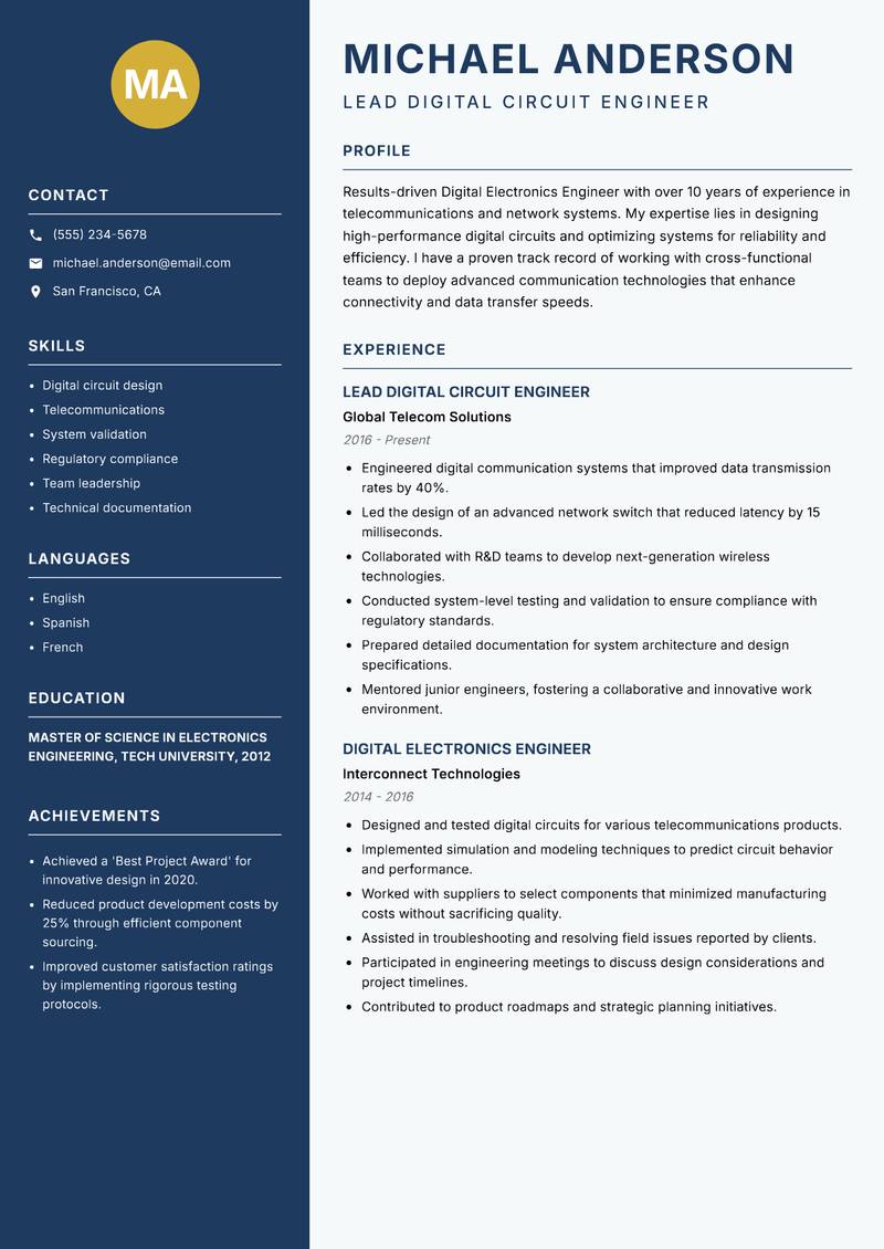 Digital Electronics Engineer resume template — Classic Clean