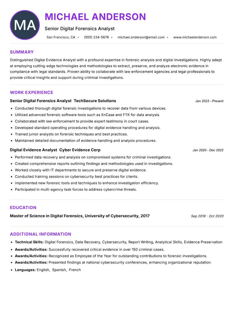 Digital Evidence Analyst resume example — ATS-friendly template