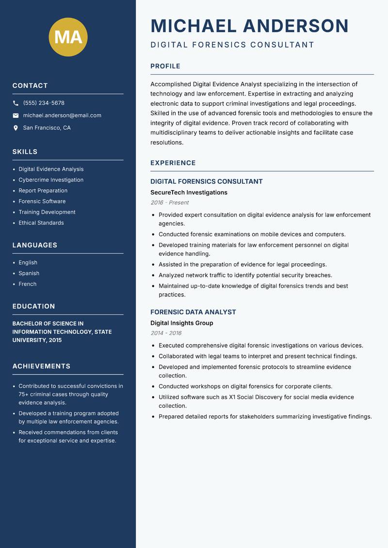 Digital Evidence Analyst resume template — Classic Clean