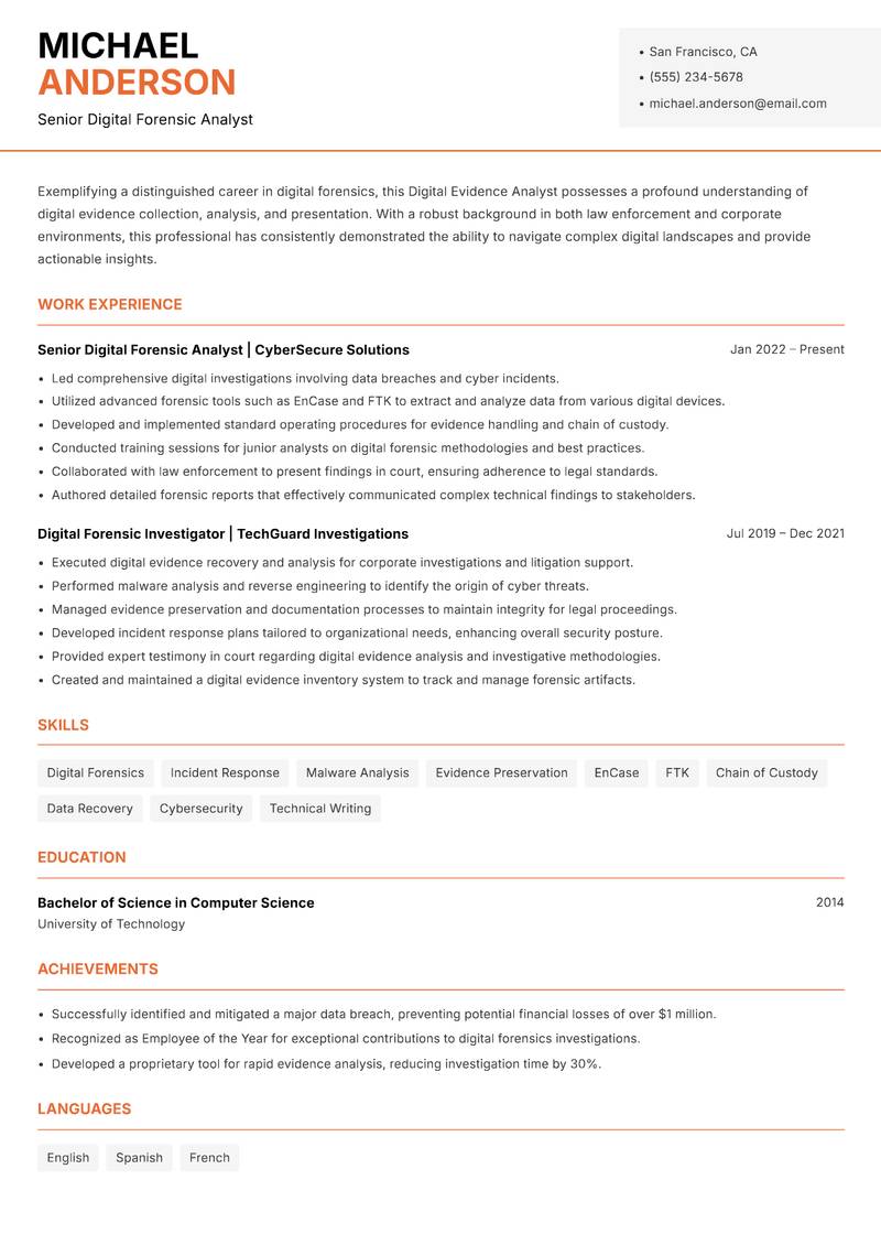 Digital Evidence Analyst resume template — Modern Professional