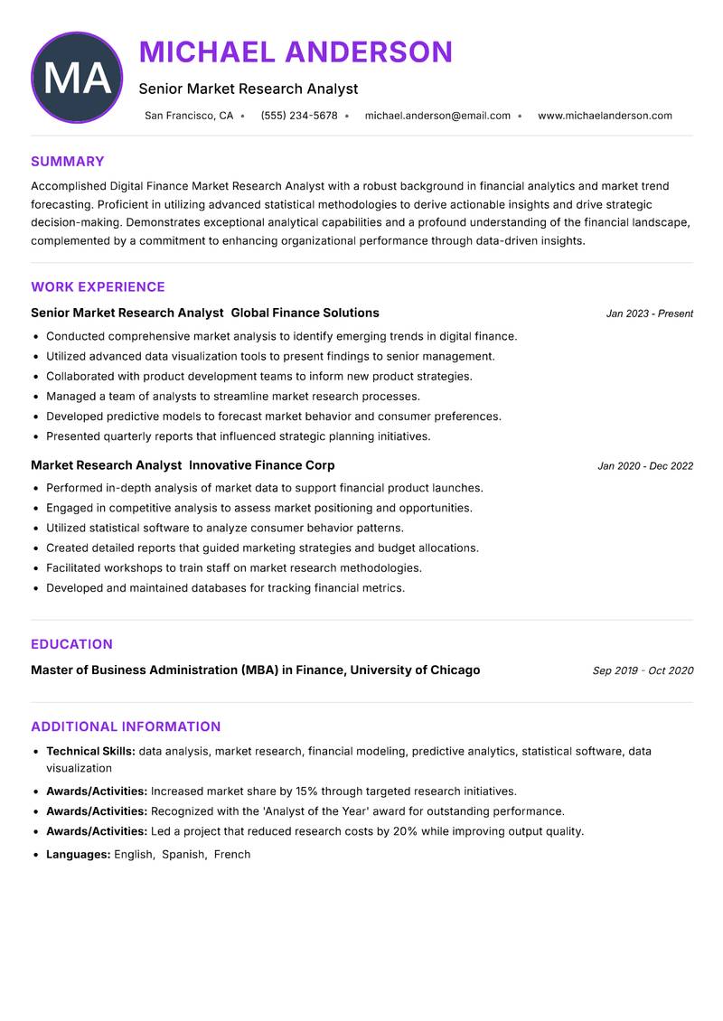 Digital Finance Market Research Analyst resume example — ATS-friendly template