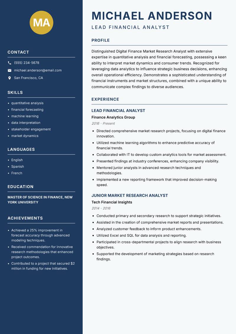 Digital Finance Market Research Analyst resume template — Classic Clean
