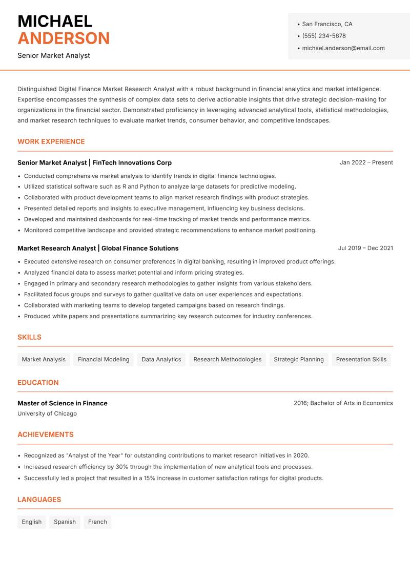 Digital Finance Market Research Analyst resume template — Modern Professional