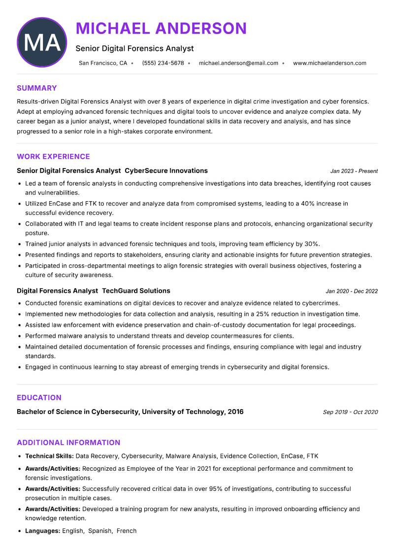 Digital Forensics Analyst resume example — ATS-friendly template