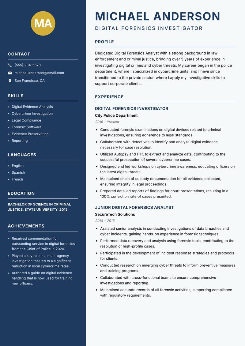 Digital Forensics Analyst resume template — Classic Clean