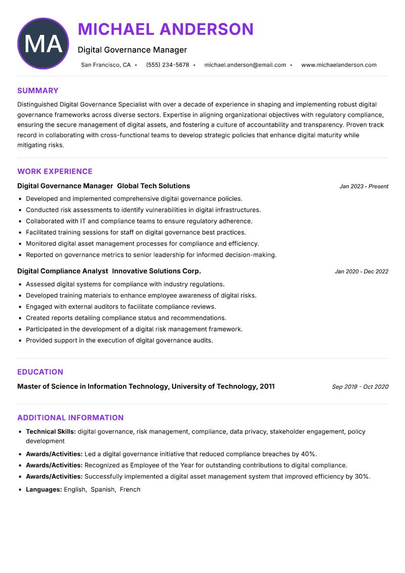 Digital Governance Specialist resume example — ATS-friendly template