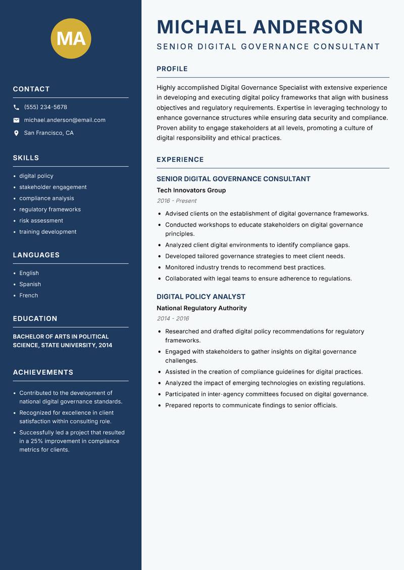 Digital Governance Specialist resume template — Classic Clean