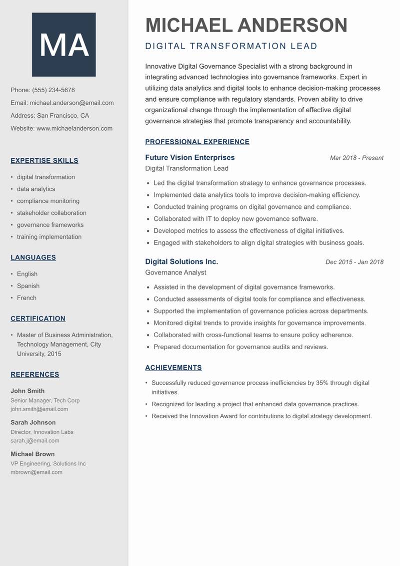 Digital Governance Specialist resume template — Creative Minimal