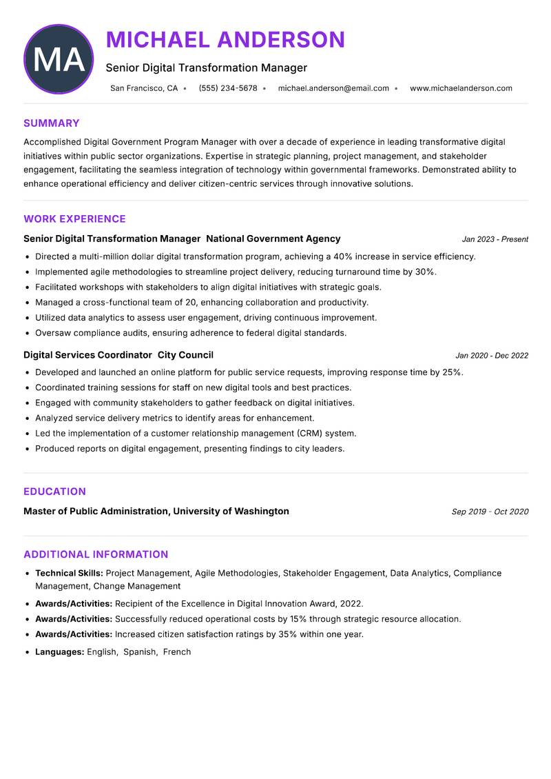 Digital Government Program Manager resume example — ATS-friendly template