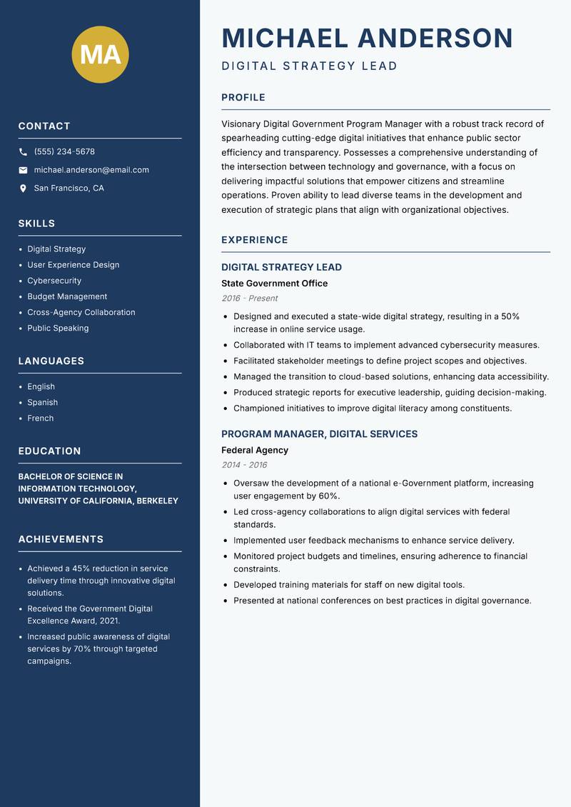 Digital Government Program Manager resume template — Classic Clean