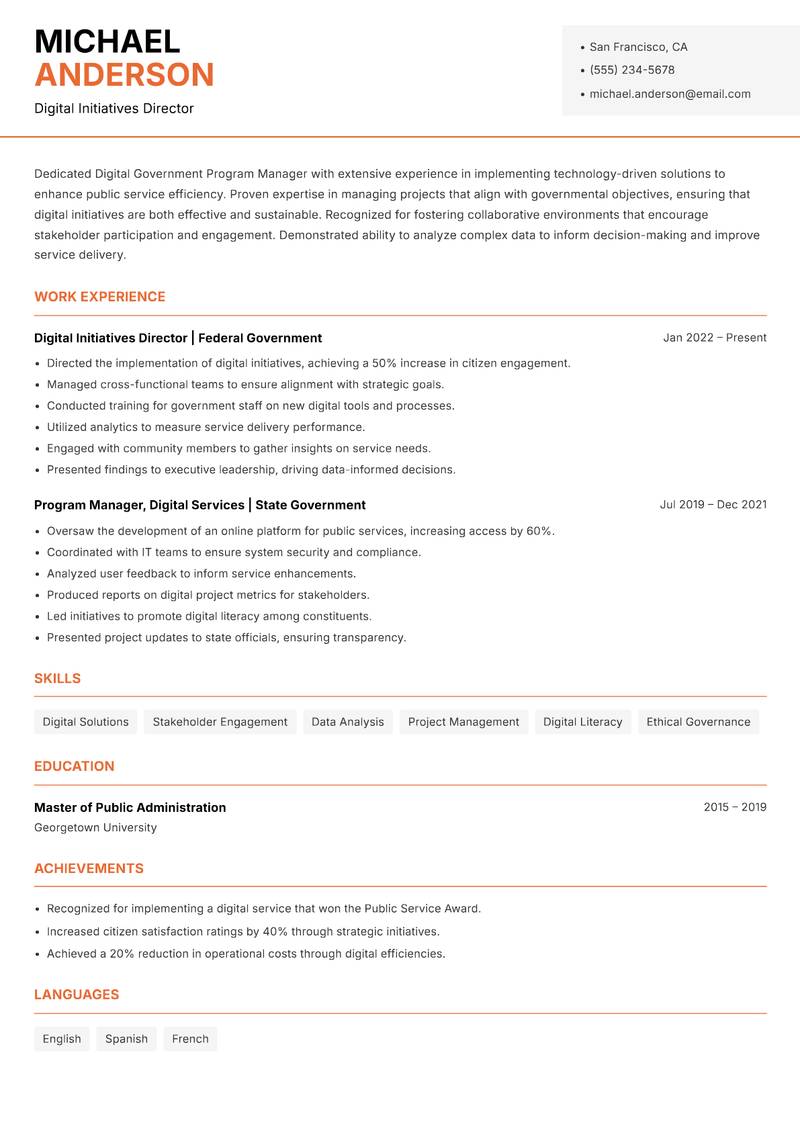 Digital Government Program Manager resume template — Modern Professional