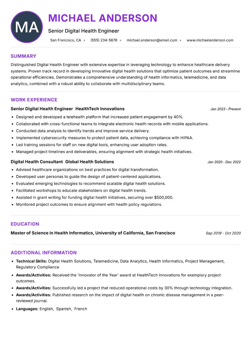 Digital Health Engineer resume example — ATS-friendly template