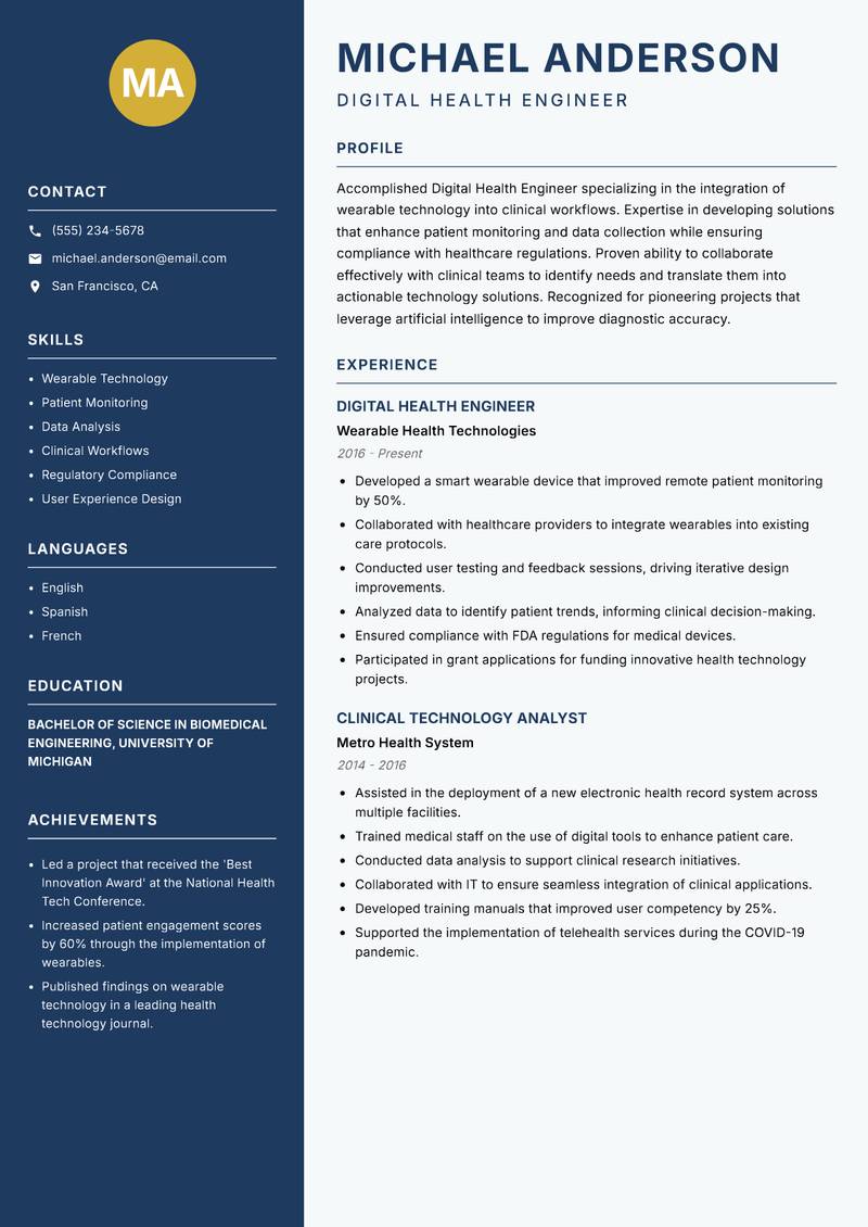 Digital Health Engineer resume template — Classic Clean