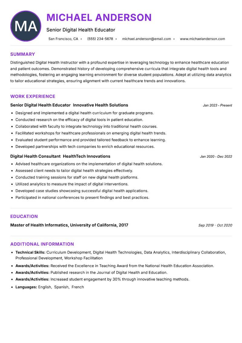 Digital Health Instructor resume example — ATS-friendly template