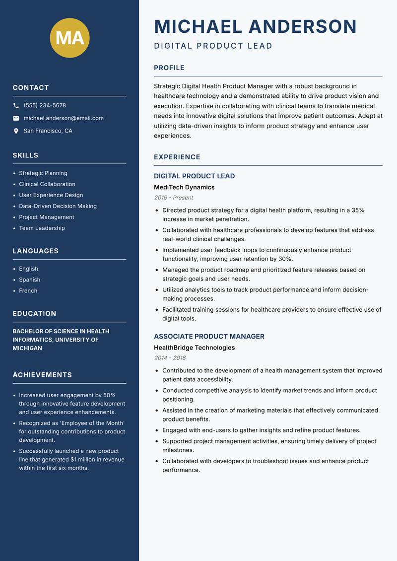 Digital Health Product Manager resume template — Classic Clean