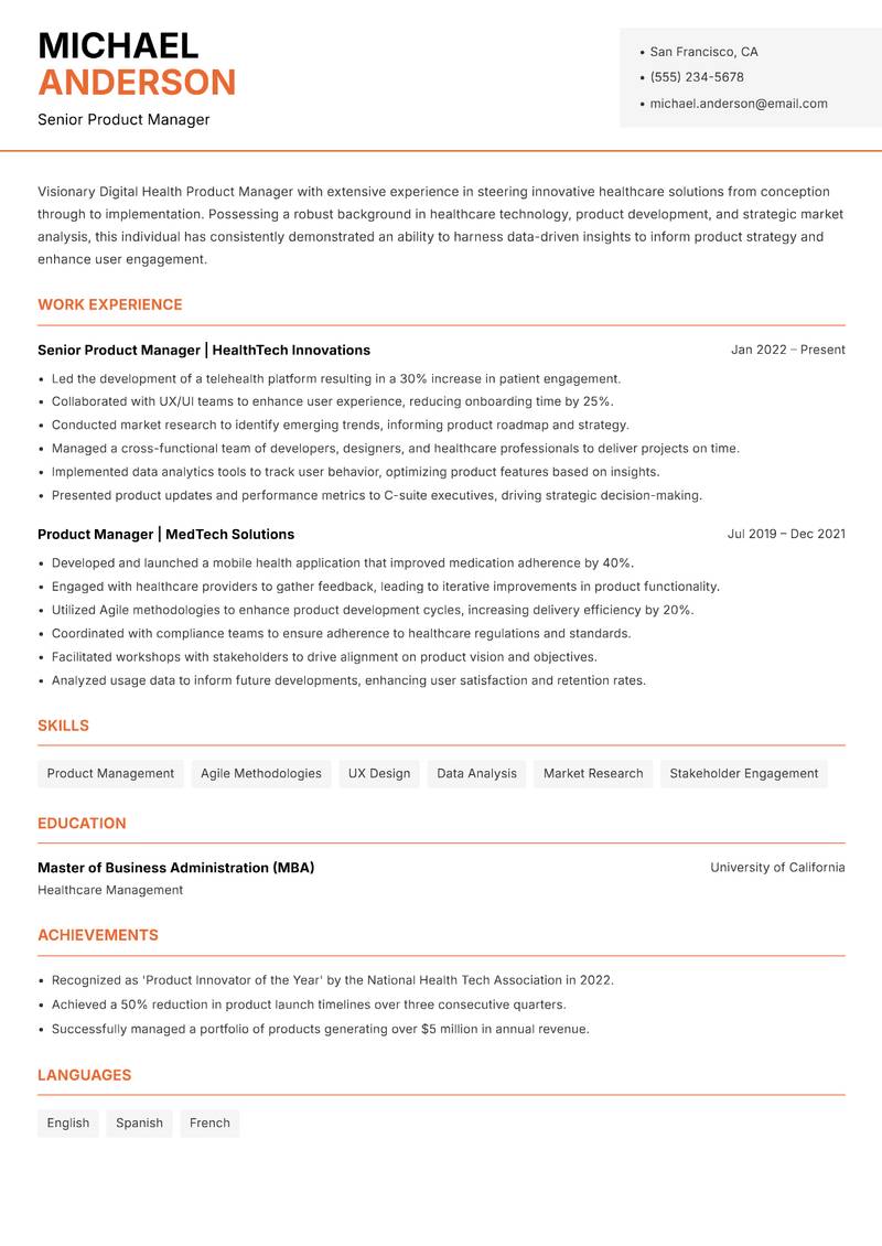 Digital Health Product Manager resume template — Modern Professional