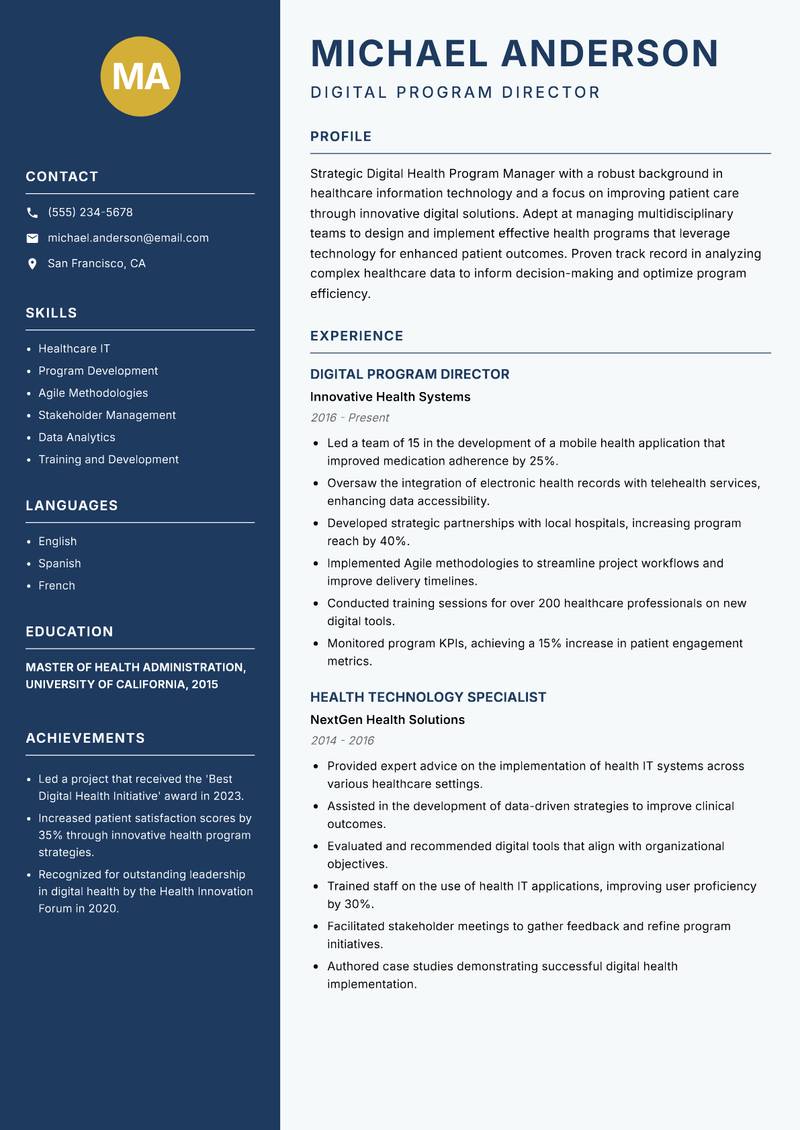 Digital Health Program Manager resume template — Classic Clean